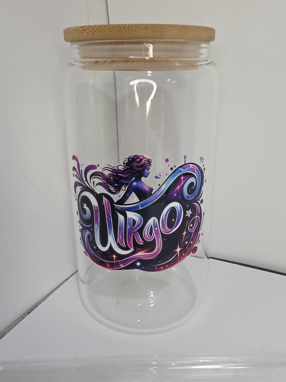 Virgo Zodiac Glass Storage Jar with Bamboo Lid - Purple Pink Blue Design